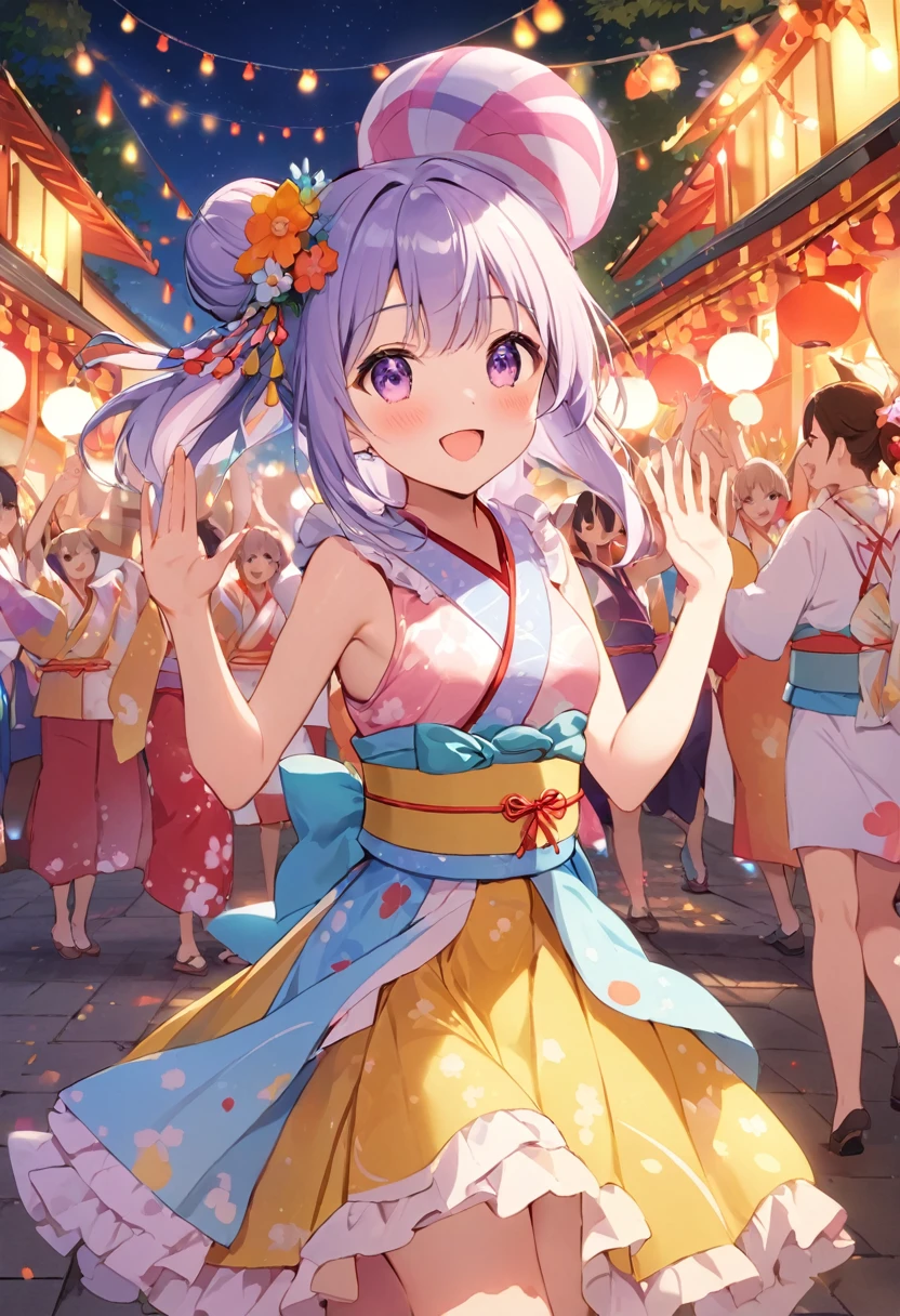 Highest quality、High resolution、Detailed Background、Teenage beauty、Detailed face、cuteカラーの髪色、Bun Hair、Perfect body line、(Bon Odori venueでdancing lively少女:1.5)、(Dancing with hands up high:1.5)、night、Festivals、Bon Odori venue、A big smile、cute柄の浴衣、dancing lively、Waving your hands back and forth、Waving your hands left and right、Coordinated hand and foot movements、Traditional Japanese summer festivals、盆踊りはnightに行われるため提灯やランタンが灯りを灯し幻想的な雰囲気を醸し出します、cute