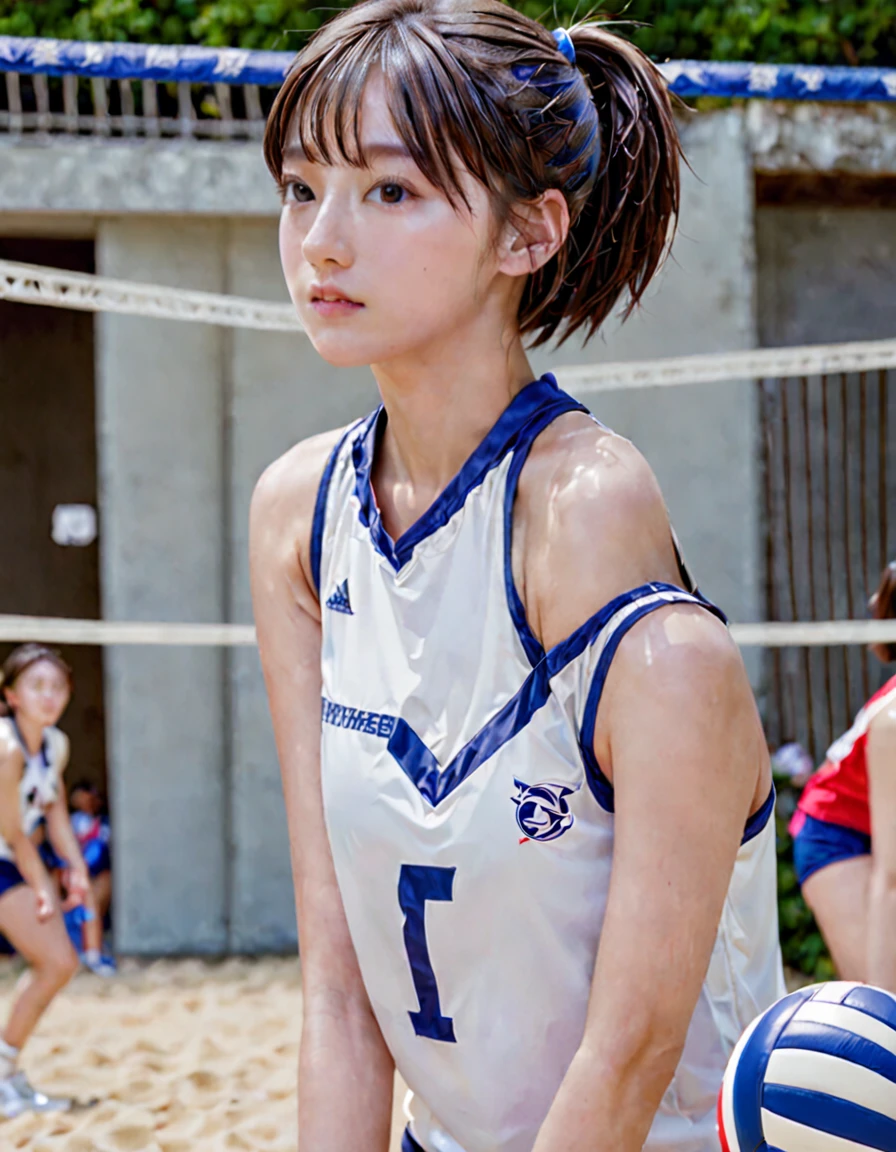 An image of a high school girl volleyball player in summer uniform, with short boyish hair and flashy makeup.