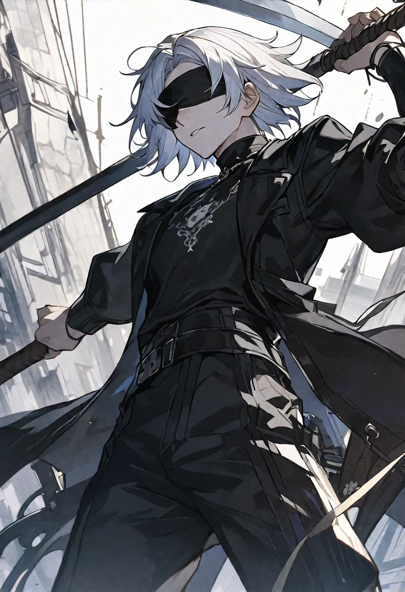Solo, 1 male, white hair, black blindfold, black shirt, black coat, white scythe, nier automata