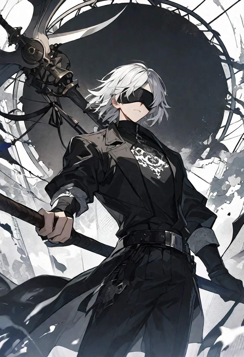 Solo, 1 male, white hair, black blindfold, black shirt, black coat, white scythe, nier automata