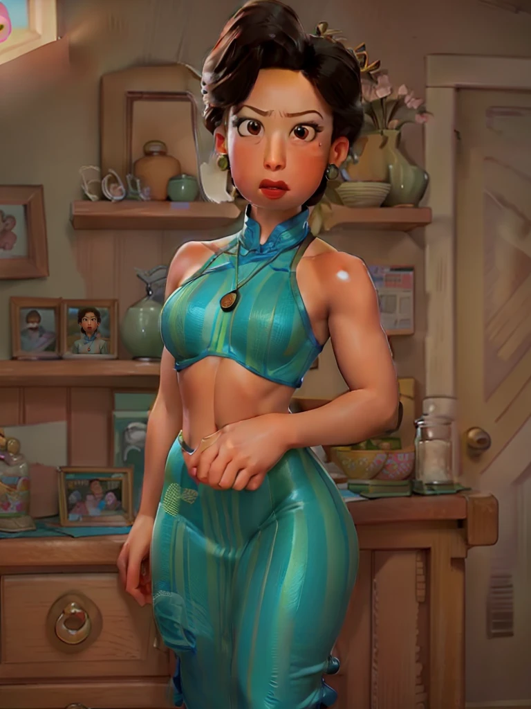 1girl, solo, jolyne, green eyes, lips, closed mouth, looking at viewer, halterneck, pants, simple background, cowboy shot, (contrapposto), short hair, thick thighs, arms behind head, bare arms, sleeveless
