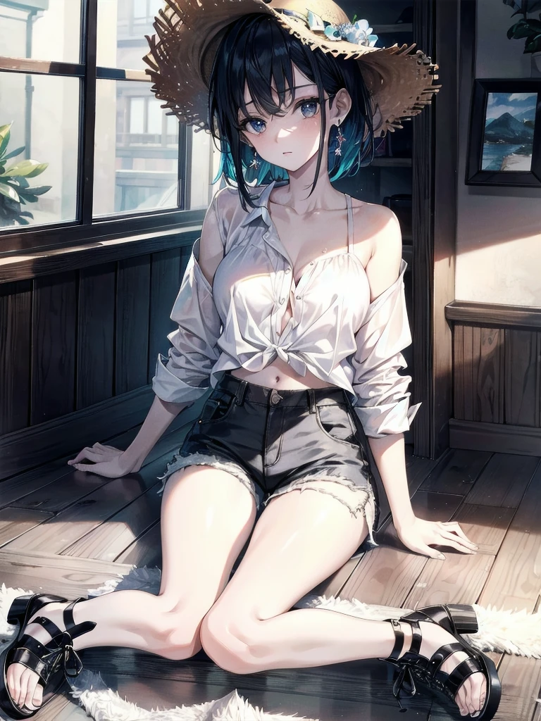 absurdres, RAW photo, extremely delicate and beautiful, masterpiece, Best Quality, ultra high resolution, 32k, hyperrealistic, ultra-detailed, perfect figure, in her 20s, very small head, very small face, delicate facial features, tearful mole, earring, very huge breasts, bare legs, full body shot, medium hair, black hair, colored inner hair, casual, blouse, white shirt, buttoned shirt, bare shoulders, collarbone, navel, shorts, straw hat,
