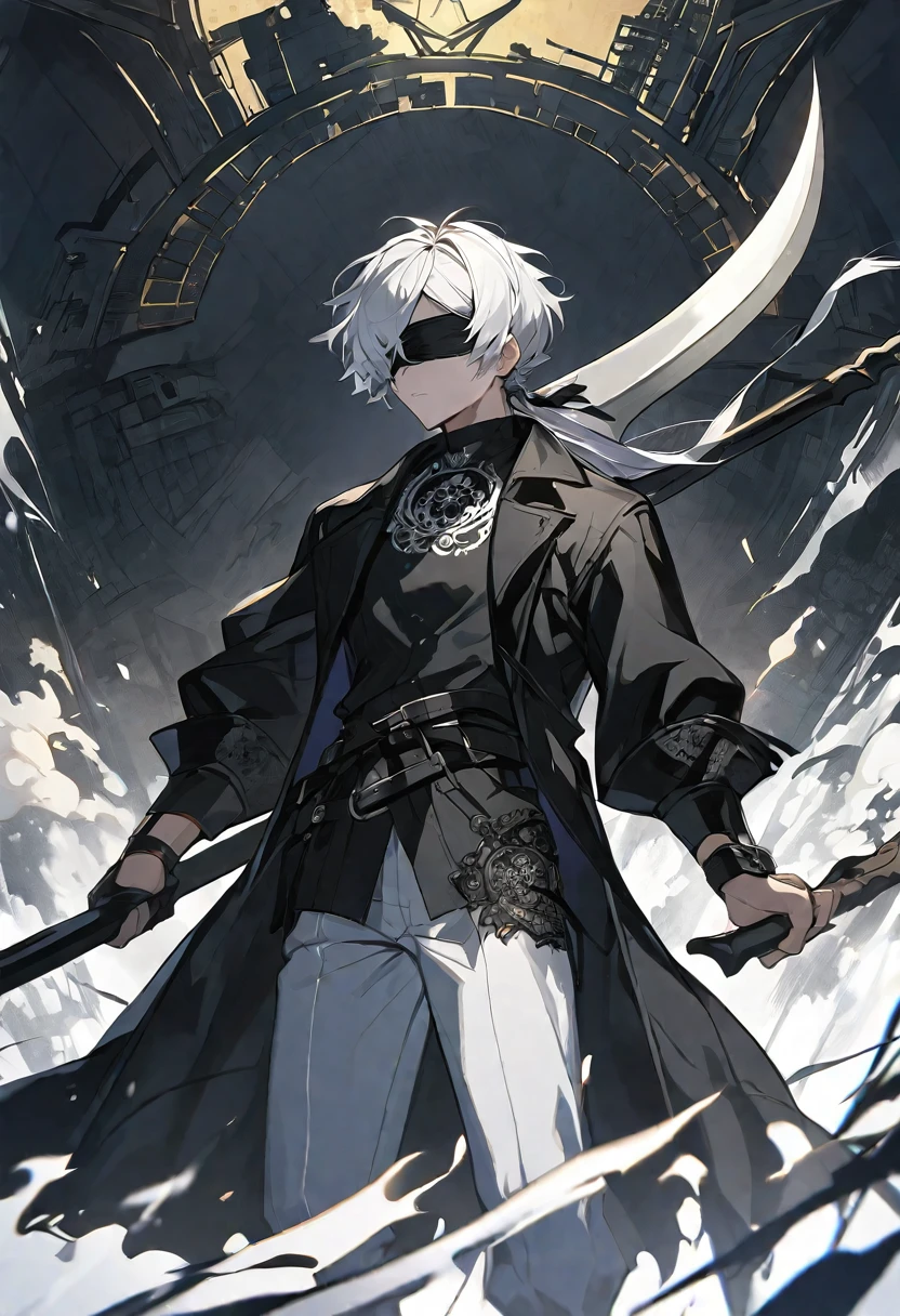 Solo, 1 male, white hair, black blindfold, black shirt, black coat, white scythe, nier automata