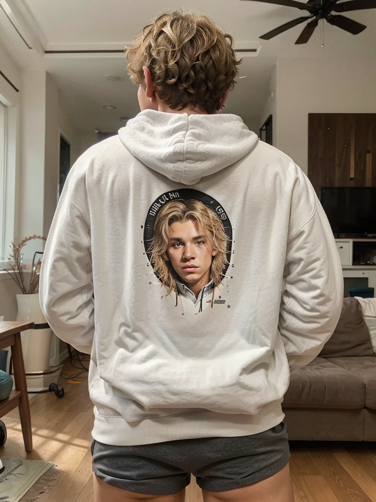 19 year old boy with a Curly medium dirty blonde hair, wearing a white hoodie with a dope art on it, with black athletic shorts, inside the livingroom , freckles, back view
