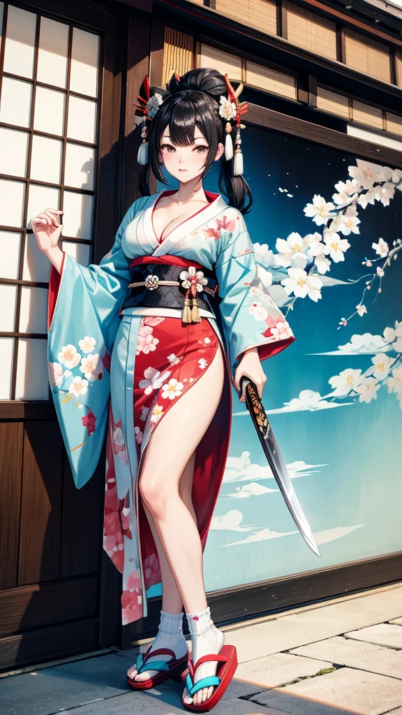 Black hair geisha hairstyle adult women，Cyan and white floral pattern kimono，cleavage，White socks，slippers，Japanese samurai sword，Japanese shogunate era streets