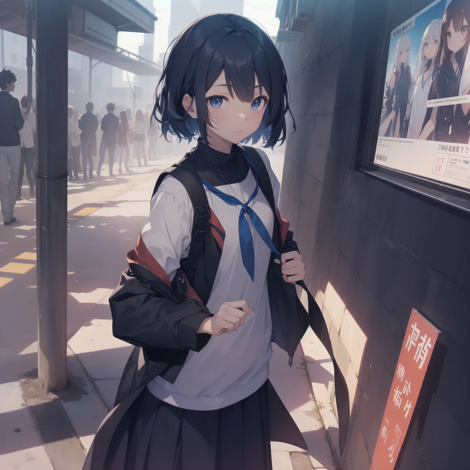 ultra-absurdres-Top quality by artist God, ultra-detailed, high resolution, anime moe artstyle, best anime 8k konachan wallpaper, pixiv contest winner, pool:2810, perfect anatomy,break, 1girl, (Please draw a girl walking sleepily to school alone. )break,(Solo,little female, 13-year-old:1.3),Full limbs, complete fingers,a junior high school student, (very short hair), short cut, flat chest, , small butt, small black eyes, beautiful detailed eyes, well-proportioned iris and pupils, expressive eyes, highres detailed hair, soft expression, salor school_uniform, sailor collar, serahuku, bow, pleated skirt,(Detailed Lighting), (Detailed background), in the School commute route. break,super detailed skin, Best cinematic lighting powered by famous artist, 8k,beauty illustration,photoshop_(medium),very aesthetic,break,((artist:miyo_(ranthath) )), artist:clamp ,artist:carnelian ,artist:kantoku ,