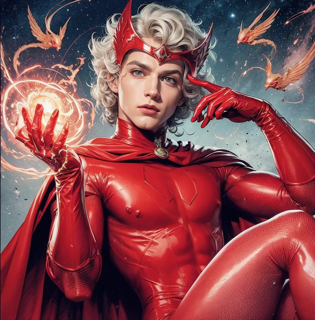 American classic comic book art: Scarlet Wizard man, handsome delicate ethereal young man, short platinum hair with beautiful waves curls, red helm tiara on forehead, butt, tight scarlet bright red bodysuit red sorcerer outfit, bright red gloves, light pink tight fishnet stockings shiny, emanating scarlet red magic energy symbols, beautiful thighs, very young face man delicate, blue eyes, ethereal sorcerer scarlet, red sorcerer cape sorcerer, neck covered, classic comic book, ethereal male body