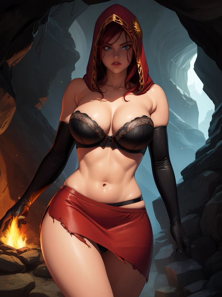 Dsorceress, redhair, shadowy face,dark cave, fire, hood, shadowed face, strapless bra, slim and athletic body, miniskirt, no panty, elbow gloves, dark skin, 1 girl (insanely detailed, masterpiece, best quality)
