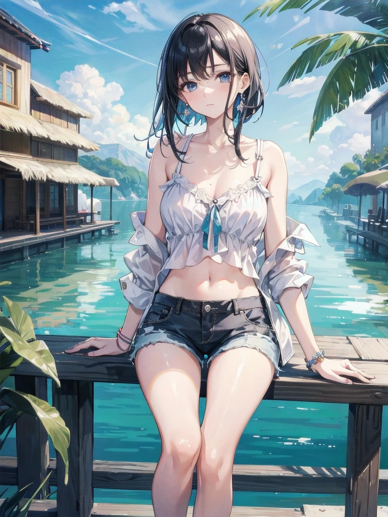 absurdres, RAW photo, extremely delicate and beautiful, masterpiece, Best Quality, ultra high resolution, 32k, hyperrealistic, ultra-detailed, perfect figure, in her 20s, very small head, very small face, delicate facial features, tearful mole, earring, very huge breasts, bare legs, full body shot, medium hair, black hair, colored inner hair, casual, blouse, white shirt, buttoned shirt, bare shoulders, collarbone, navel, shorts, straw hat,
