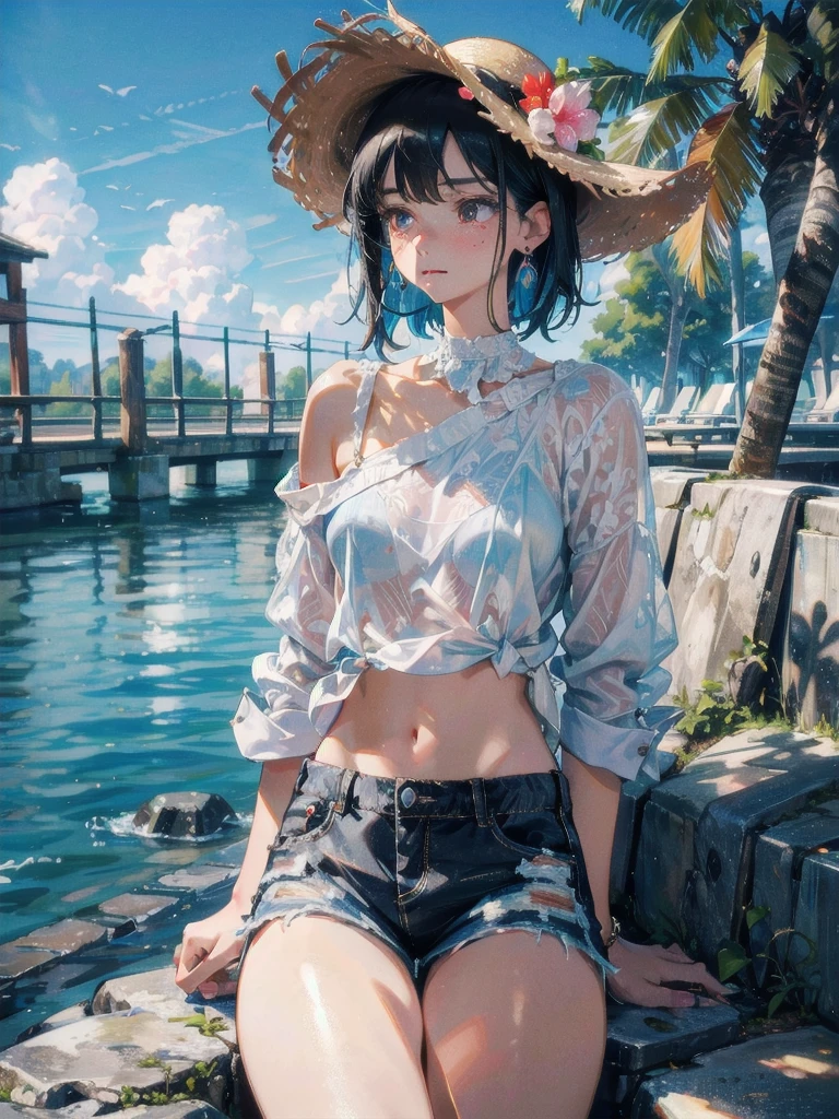 absurdres, RAW photo, extremely delicate and beautiful, masterpiece, Best Quality, ultra high resolution, 32k, hyperrealistic, ultra-detailed, perfect figure, tearful mole, earring, whole body shot, short medium hair, wavy hair, big breast, casual, blouse, white shirt, buttoned shirt, bare shoulders, collarbone, midriff, navel, shorts, straw hat,