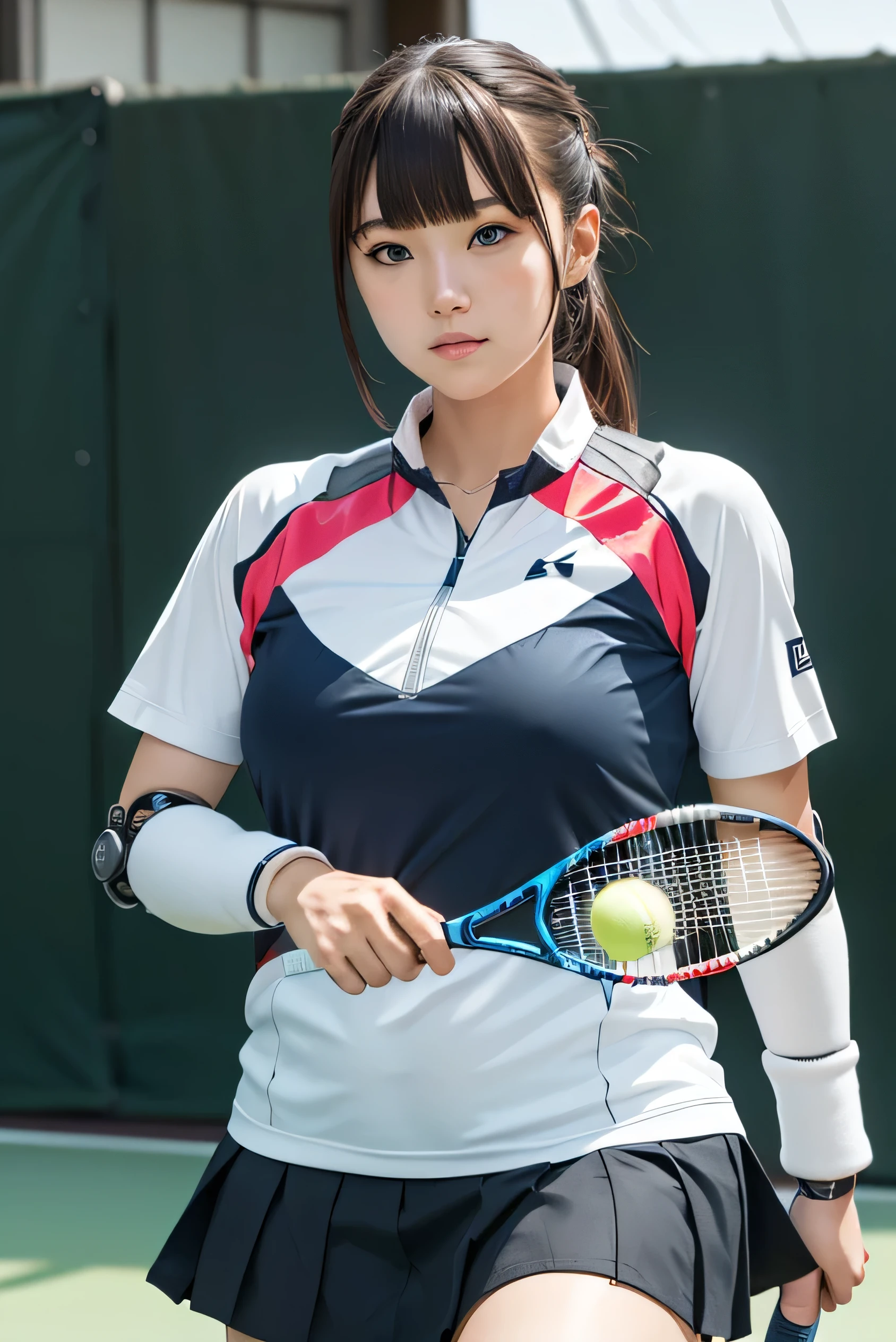 masterpiece, best quality, extremely detailed, Japanese android girl,Plump ,control panels,robot arms,robot,android,cyborg,white robot body,ceramic body,perfect robotgirl,blunt bangs,tennis player,tennis wear,skirt,blue eyes