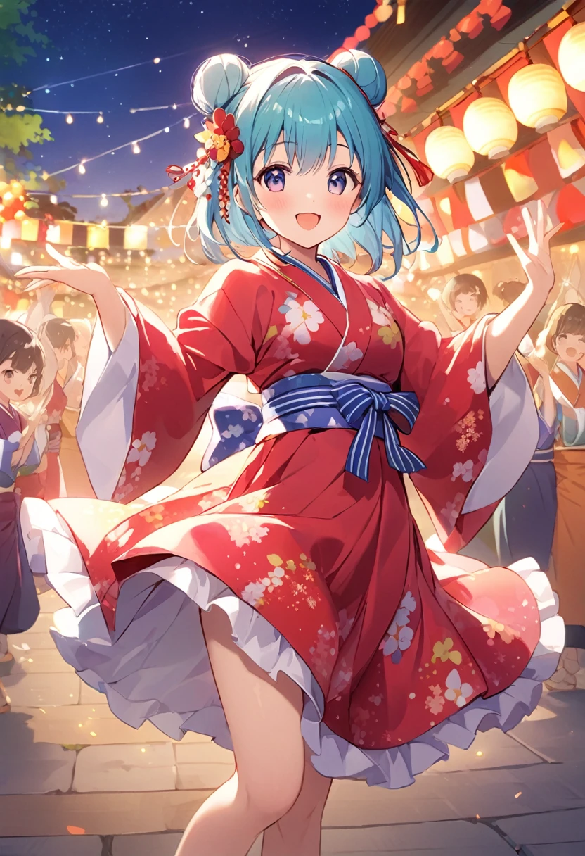 Highest quality、High resolution、Detailed Background、 beauty、Detailed face、cuteカラーの髪色、Bun Hair、Perfect body line、(Bon Odori venueでdancing lively少女:1.5)、(Dancing with hands up high:1.5)、night、Festivals、Bon Odori venue、A big smile、cute柄の浴衣、dancing lively、Waving your hands back and forth、Waving your hands left and right、Coordinated hand and foot movements、Traditional Japanese summer festivals、盆踊りはnightに行われるため提灯やランタンが灯りを灯し幻想的な雰囲気を醸し出します、cute