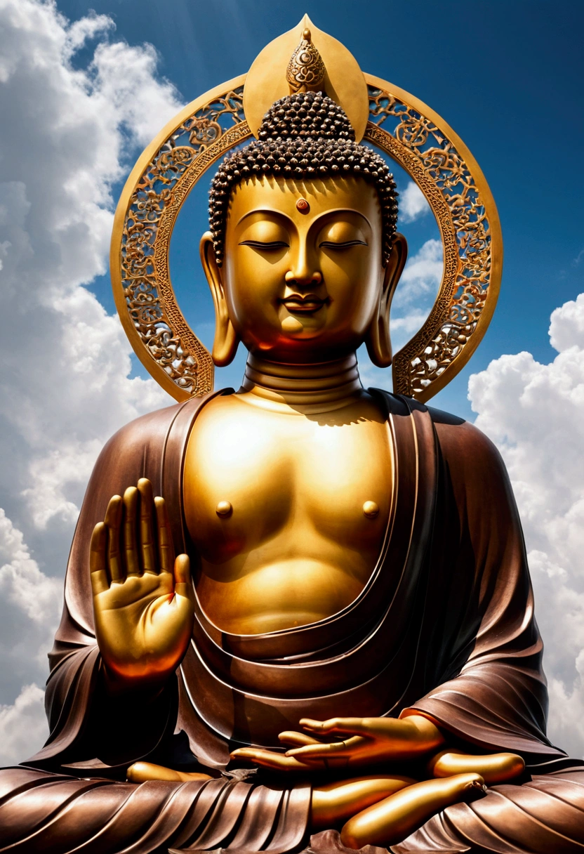 Copper Materials，In the sky, The cloud formations are amazing, Bronze Maitreya Buddha statue，Thick Clouds，And the sun was shining bright，Pilgrims on the way，Ultra-realistic，Ultra-photorealism，real photography，8K，High resolution，high quality，Masterpieces，Superfane，（（（OC Renderer）））