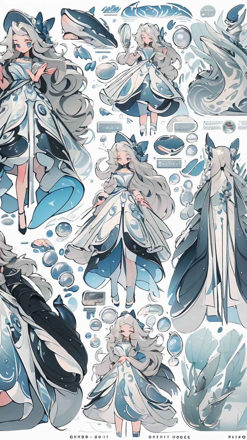 (best quality)), ((masterpiece)), (detailed),17 year old young woman, cute, pretty and adorable, has beautiful long, bright gray hair, has a modern but cool and elegant clothing design, she really likes whales, therefore she has a whale design reference. , it also has a cute whale tail
