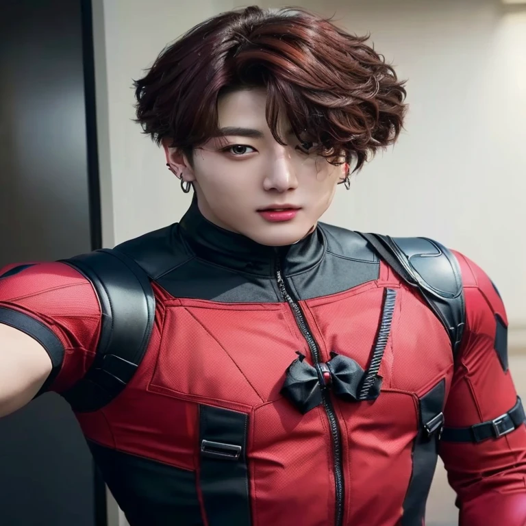 A closeup of a person wearing a red and black suit, jinyoung shin, Jung Jaehyun, cai xukun, By Tadashi Nakayama, kamen rider character, kim taejin, high fantasy Kamen Rider, Kamen Rider, looks like ty sheridan, Yanjun Chengt, hong june hyung, pale korean adorable face, Official photos, jungkook, close up!!!!!! Jungkook from BTS, Jungkook as Deadpool, stocky body, traje original deadpool 