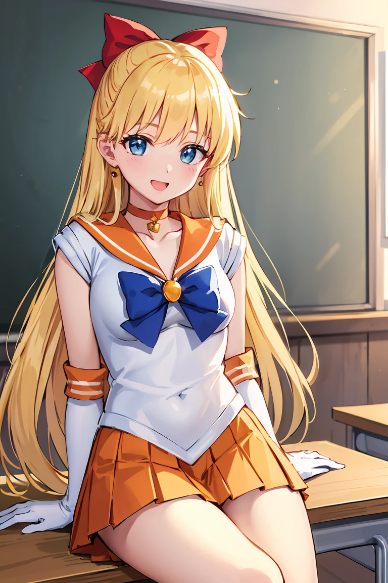 masterpiece, Highest quality, High resolution, Venus 1, One girl, alone, Sailor Warrior Uniforms, Sailor Venus, aino minako, Blonde, Magical girl, blue eyes, Orange Skirt, Elbow hand pockets, tiara, Pleated skirt, Hair Ribbon, Orange sailor collar, mini skirt, choker, Red Bow, orange choker, White gloves, Very long hair, jewelry, Earrings, Sitting, Crossing your legs,The background is a school classroom,smile、