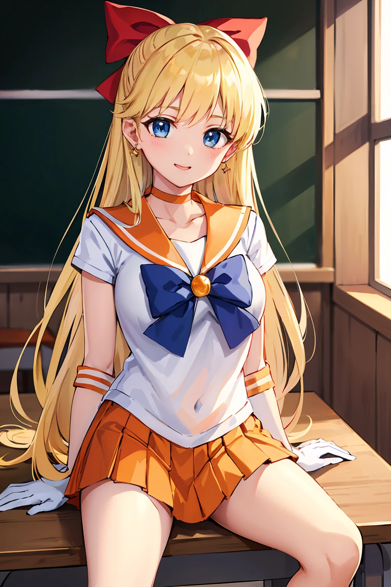 masterpiece, Highest quality, High resolution, Venus 1, One girl, alone, Sailor Warrior Uniforms, Sailor Venus, aino minako, Blonde, Magical girl, blue eyes, Orange Skirt, Elbow hand pockets, tiara, Pleated skirt, Hair Ribbon, Orange sailor collar, mini skirt, choker, Red Bow, orange choker, White gloves, Very long hair, jewelry, Earrings, Sitting, Crossing your legs,The background is a school classroom,smile、