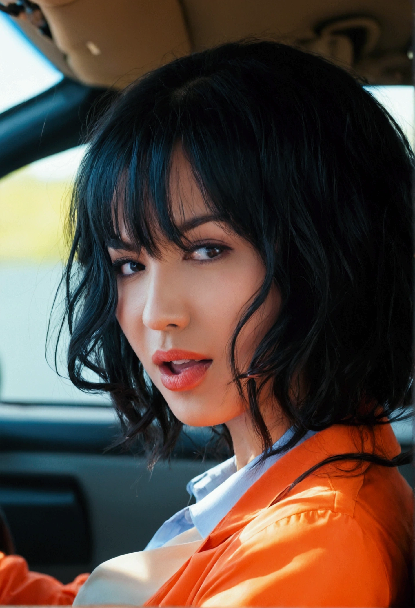 masutepiece,,award - winning photo, Extremely detailed, edgOrgasm,Face Focus, Woman with mouth open and eyes closed , Woman with Edge _Face、35 year old、A dark-haired、 News Anchor、inside of a car、
