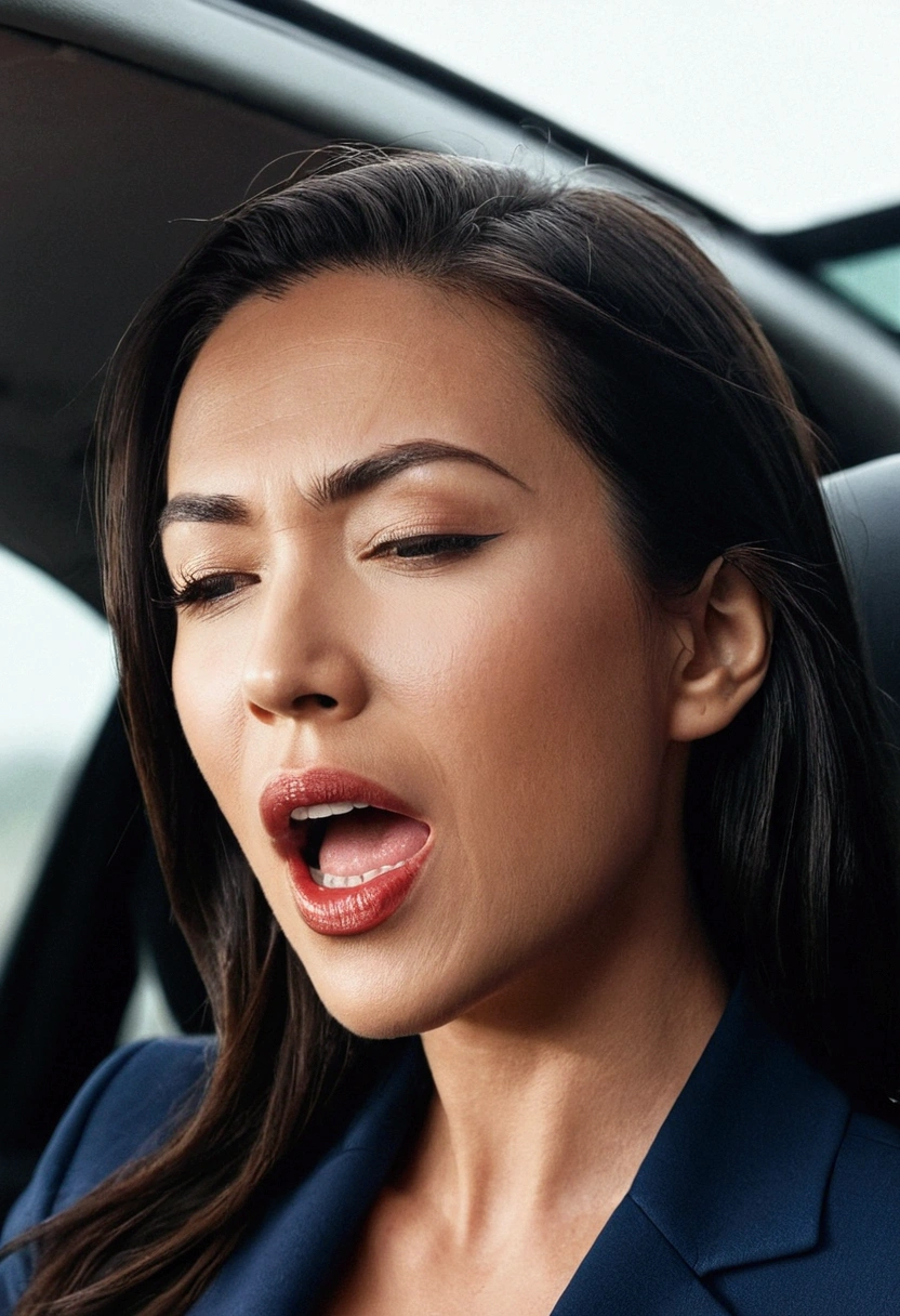 masutepiece,,award - winning photo, Extremely detailed, edgOrgasm,Face Focus, Woman with mouth open and eyes closed , Woman with Edge _Face、35 year old、A dark-haired、 News Anchor、inside of a car、