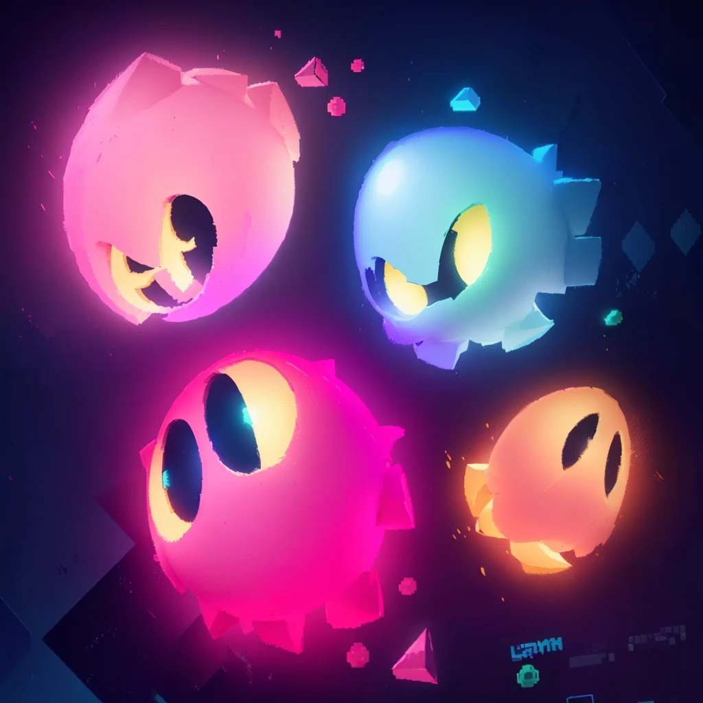 there are four different colored lights that are glowing up, glowing sprites, video game fanart, pacman, official fanart, ghosts, nintendo game art, splash art brawlstars, background artwork, ghost neon, profile picture 1024px, game art, videogame art, glowing lights! digital painting, game art!!, 3d game fanart