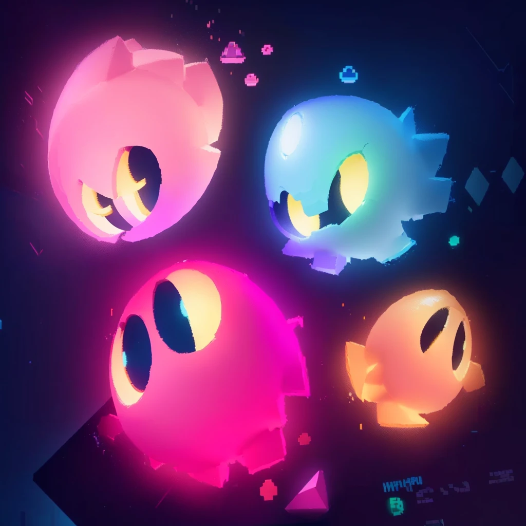 there are four different colored lights that are glowing up, glowing sprites, video game fanart, pacman, official fanart, ghosts, nintendo game art, splash art brawlstars, background artwork, ghost neon, profile picture 1024px, game art, videogame art, glowing lights! digital painting, game art!!, 3d game fanart