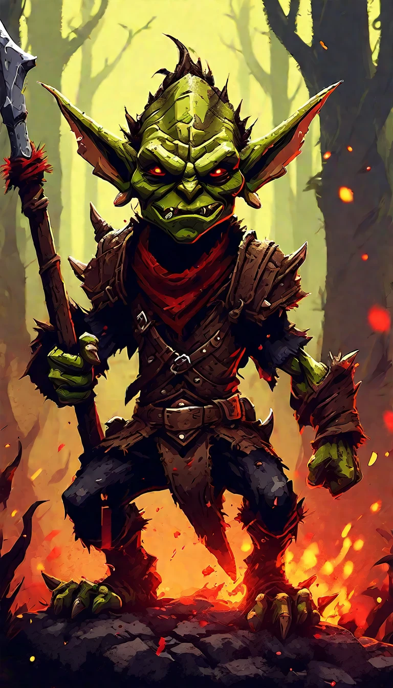 Design a pixel art scene showcasing a fantasy goblin in the midst of violent action. The goblin should be in an energetic and aggressive pose, wielding a crude and blood-stained weapon, such as a club or a jagged dagger. The scene should unfold in a dark and menacing forest, or in a ruined village with burning structures and scattered debris. The goblin's appearance should be intimidating, with sharp teeth, glowing red eyes, and tattered clothing. The background should depict fallen enemies and signs of chaos, like broken weapons and blood splatters. Use a palette of dark, earthy tones with bright flashes of red to highlight the violence and brutality of the scene.