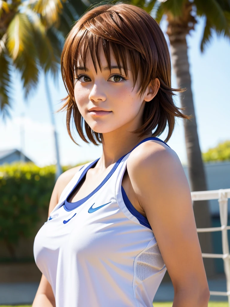 realistic detailed beautiful young high school girl volleyball player in summer uniform,short boyish hair,flashy makeup,action pose spiking volleyball,muscular arms,detailed facial features,natural lighting,hyperrealistic,cinematic,8k,photorealistic,masterpiece