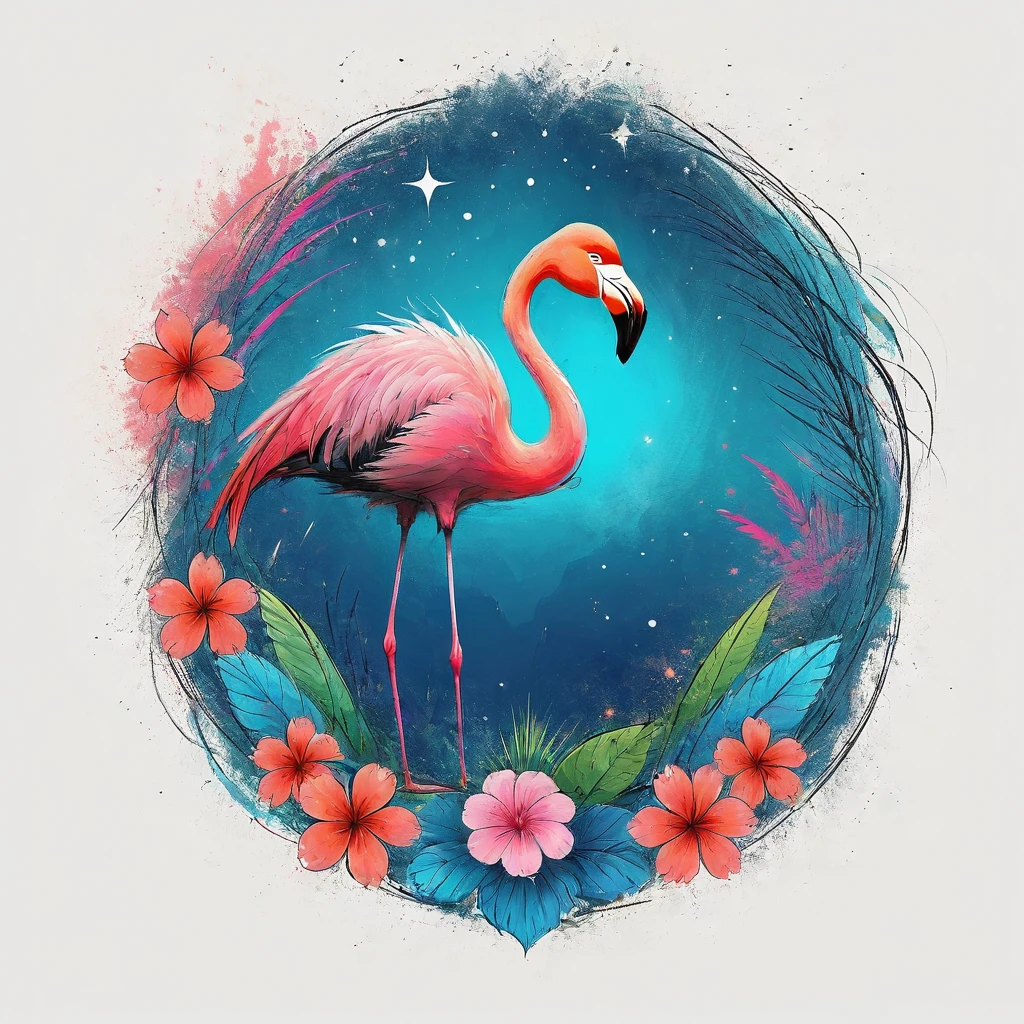 vectorial art, Colorful illustration with flamingo and flowers, At the center, swirly vibrant colors,Rainforest starry sky background