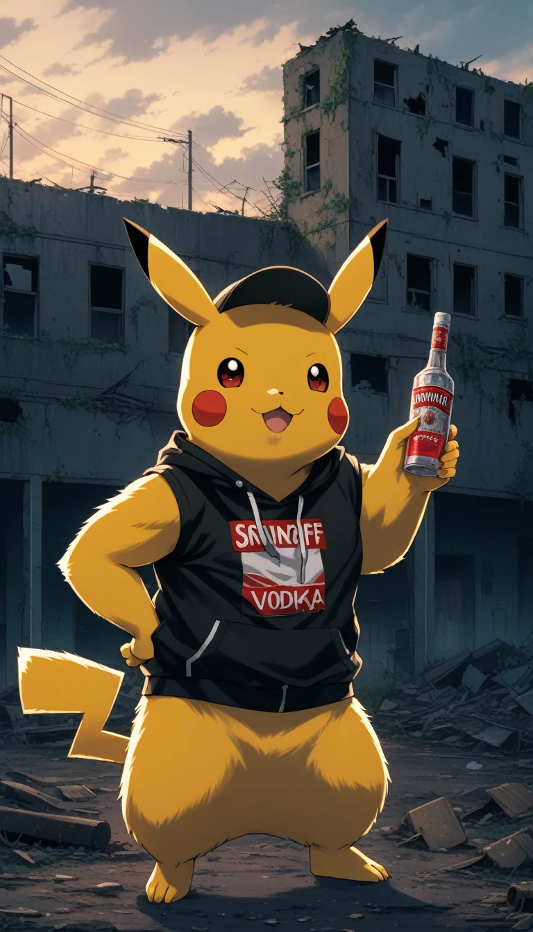 90s anime style, alone, Drunk (Muscle Pikachu) Wearing a black Adidas tracksuit, A bottle of Smirnoff vodka next to Pikachu, In the background is an abandoned, abandoned building, Gloomy atmosphere, Cinematic, Detailed body, Fine grain, 8K, Highest quality, Full Sharp, Very detailed, Skin pores, Natural skin texture, Superior quality、whole body、From head to toe
