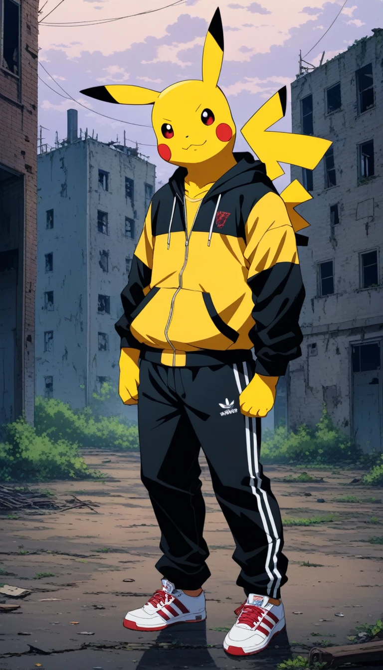 90s anime style, alone, Drunk (Muscle Pikachu) Wearing a black Adidas tracksuit, A bottle of Smirnoff vodka next to Pikachu, In the background is an abandoned, abandoned building, Gloomy atmosphere, Cinematic, Detailed body, Fine grain, 8K, Highest quality, Full Sharp, Very detailed, Skin pores, Natural skin texture, Superior quality、whole body、From head to toe