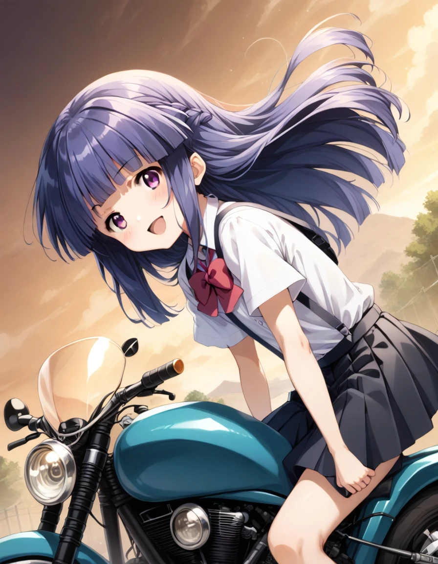 score_9, score_8_up, score_7_up, score_6_up, source_anime,,,,1girl, solo, furude rika, (tween:1), kawaii, blue hair, purple eyes, long hair, blunt bangs, bangs, bow, skirt, shirt, suspenders, smile, short sleeves, pleated skirt, white shirt, open mouth, red bow, ^_^, suspender skirt, , black skirt, collared shirt, blush, bowtie, blunt bangs, dress shirtt, , anime coloring.serious,(a girl riding a motorcycle at full speed:1.5),(from side),),,,(serious expression:1.5)、