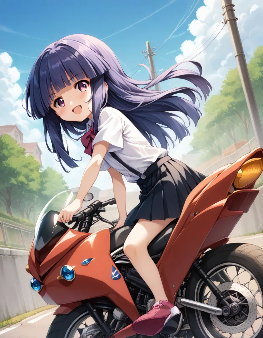 score_9, score_8_up, score_7_up, score_6_up, source_anime,,,,1girl, solo, furude rika, (tween:1), kawaii, blue hair, purple eyes, long hair, blunt bangs, bangs, bow, skirt, shirt, suspenders, smile, short sleeves, pleated skirt, white shirt, open mouth, red bow, ^_^, suspender skirt, , black skirt, collared shirt, blush, bowtie, blunt bangs, dress shirtt, , anime coloring.serious,(a girl riding a motorcycle at full speed:1.5),(from side),),,,(serious expression:1.5)、