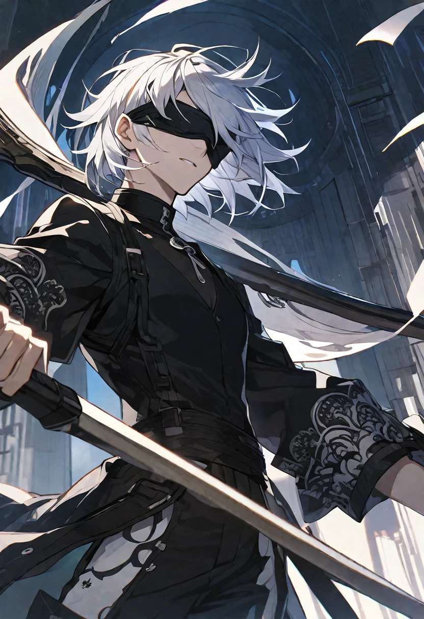 Solo, 1 male, white hair, black blindfold, black shirt, black coat, white scythe, nier automata