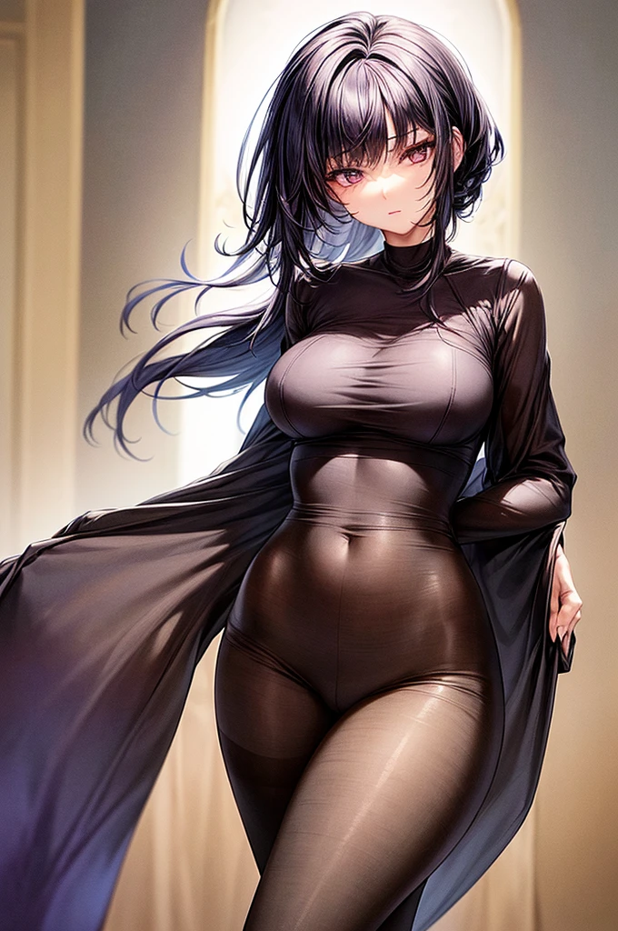masterpiece, highly detailed, highest quality, high resolution, super precise, (1 girl), flawless skin, inky black dark violet hair, pixie cut hairstyle, sharp facial features, young 16 year old ager, sharp facial features, high bridged nose, medium height(178cm), cowboy shot, slender and slim body with ample curves, velvet colored eyes, plain crop shirt with heart shaped boob window, plain sheer colored waist high pantyhose