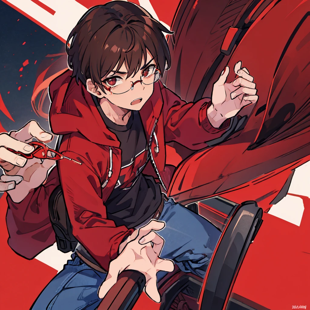 Male with dark brown hair and a stubble, wearing a red hoddie and jeans, wearing glasses.