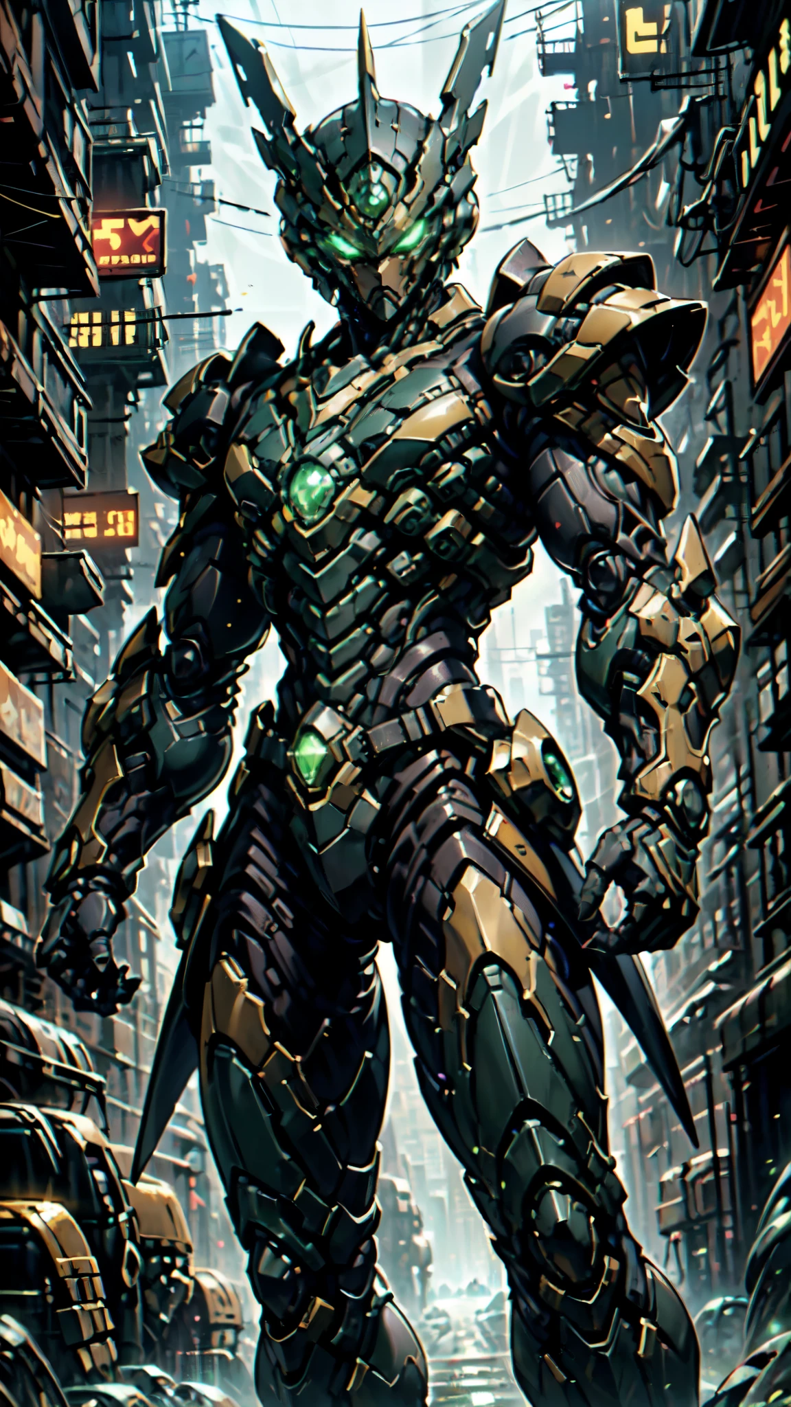 (masterpiece:1.5, best quality:1.5, extremely delicate:1.5, perspective:1.5, foreshortening:1.5, dynamic angle:1.5), a man wearing a full-face helmet, a fantasy-style biotech armored combat suit, green eyes, (a composite layered chest armor), fully enclosed shoulder guards, matching arm and leg guards, the belt is adorned with neon circuitry, (the color scheme is primarily black glow with green and red accents), the design balances heavy with agility, a high-tech bio-mecha armor, (Armor Concept Inspired by neon Cyberpunk, stand on the top of a skyscraper in a futuristic sci-fi city), this character embodies a finely crafted fantasy-surreal style armored hero in anime style, exquisite and mature manga art style, (battle damage, element, plasma, energy, the armor glows), ((male:1.5)), metallic, high definition, highres, ultra-detailed, ultra-fine painting, professional, perfect body proportions, golden ratio, anatomically correct, symmetrical face, extremely detailed eyes and face, high quality eyes, creativity, RAW photo, UHD, 32k, Natural light, cinematic lighting, masterpiece-anatomy-perfect