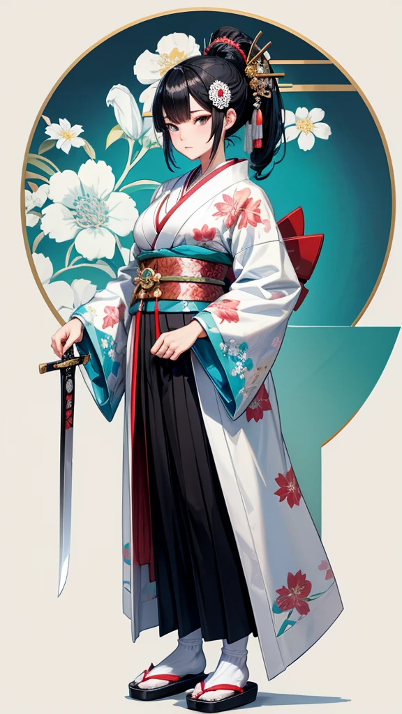 Black hair geisha hairstyle adult women,Cyan and white floral pattern kimono,cleavage,White socks,slippers,Japanese samurai sword,Standing,Japanese shogunate era streets