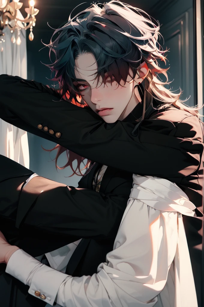 masterpiece, best quality, 1boy, male focus, blade \(honkai: star rail\), red eyes, bangs, hair bangs covered one eyes, earrings, business suit, necktie, black suit, upper body, looking at viewer, indoors, mansion, chandelier, windows, professional illustration, hires, 