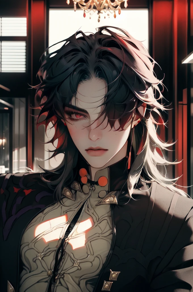 masterpiece, best quality, 1boy, male focus, blade \(honkai: star rail\), red eyes, bangs, hair bangs covered one eyes, earrings, business suit, necktie, black suit, upper body, looking at viewer, indoors, mansion, chandelier, windows, professional illustration, hires, 