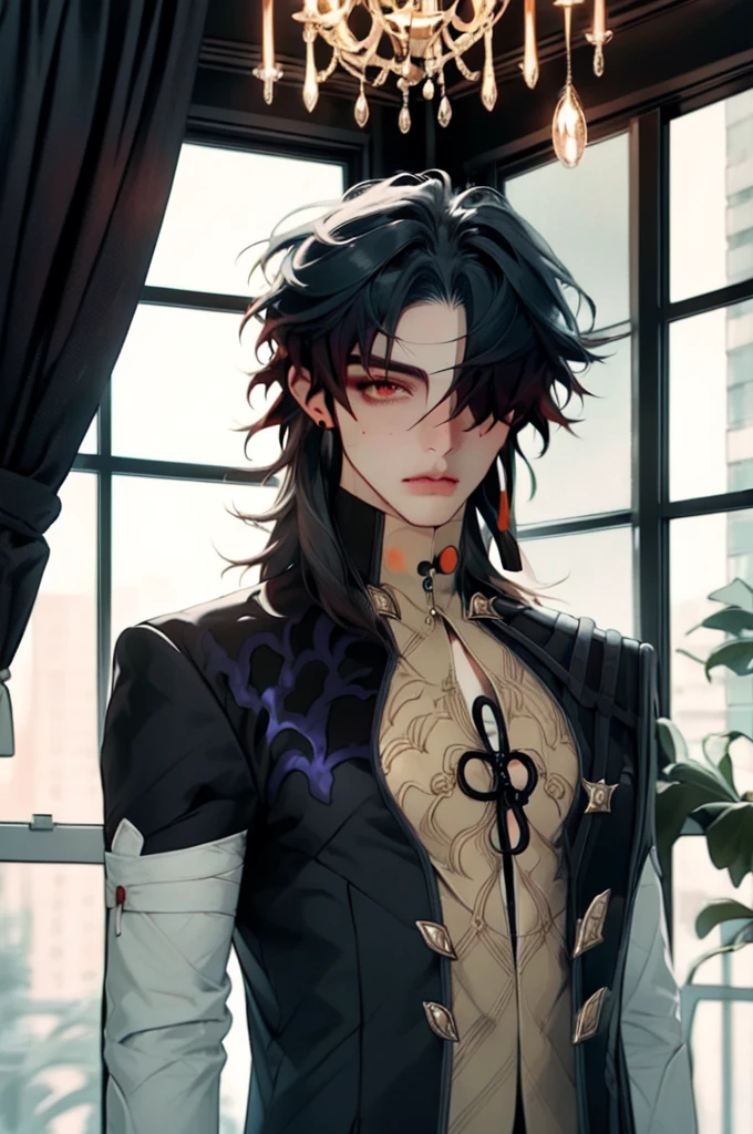 masterpiece, best quality, 1boy, male focus, blade \(honkai: star rail\), red eyes, bangs, hair bangs covered one eyes, earrings, business suit, necktie, black suit, upper body, looking at viewer, indoors, mansion, chandelier, windows, professional illustration, hires, 