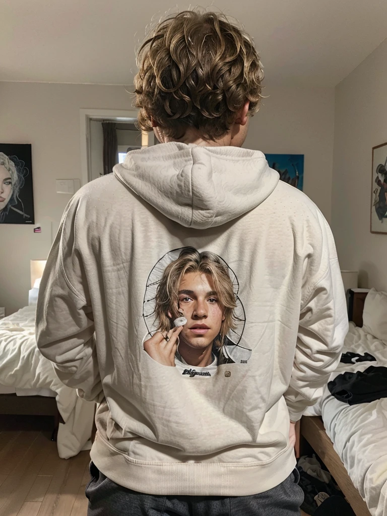 19 year old boy with a Curly medium dirty blonde hair, wearing a white hoodie with a dope art on it, with black athletic shorts, inside the livingroom , freckles, back view 