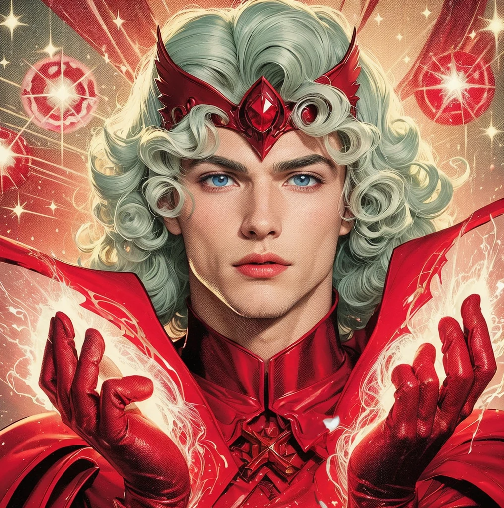 American classic comic book art: Scarlet Wizard man, handsome delicate ethereal young man, short platinum hair with beautiful waves curls, red helm tiara on forehead, butt, tight scarlet bright red bodysuit red sorcerer outfit, bright red gloves, light pink tight fishnet stockings shiny, emanating scarlet red magic energy symbols, beautiful thighs, very young face man delicate, blue eyes, ethereal sorcerer scarlet, red sorcerer cape sorcerer, neck covered, classic comic book, ethereal male body