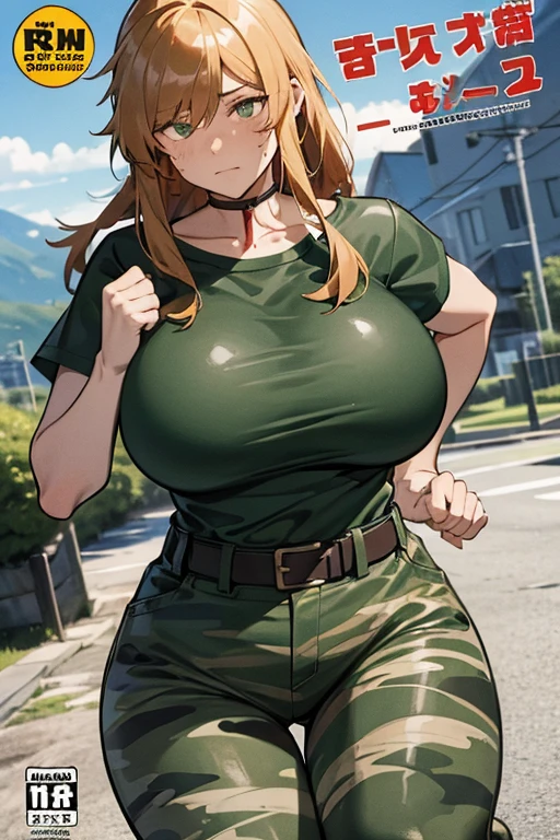 bootsnutes, shirt tucked in, green shirt, t-shirt, camouflage pants, black belt, belt buckle, outdoors, 1girl, trail, mountain, running, gigantic breasts, bouncing breasts, unaligned breasts, motion lines, motion blur, rock, comic cover, explosion
