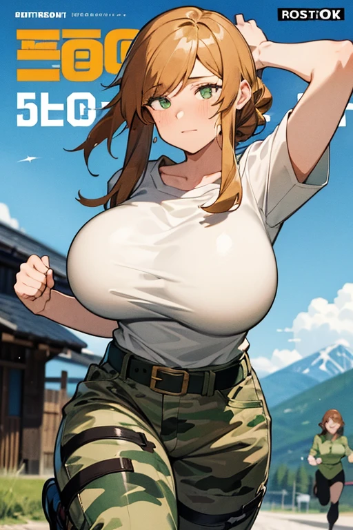 bootsnutes, shirt tucked in, green shirt, t-shirt, camouflage pants, black belt, belt buckle, outdoors, 1girl, trail, mountain, running, gigantic breasts, bouncing breasts, unaligned breasts, motion lines, motion blur, rock, comic cover, explosion