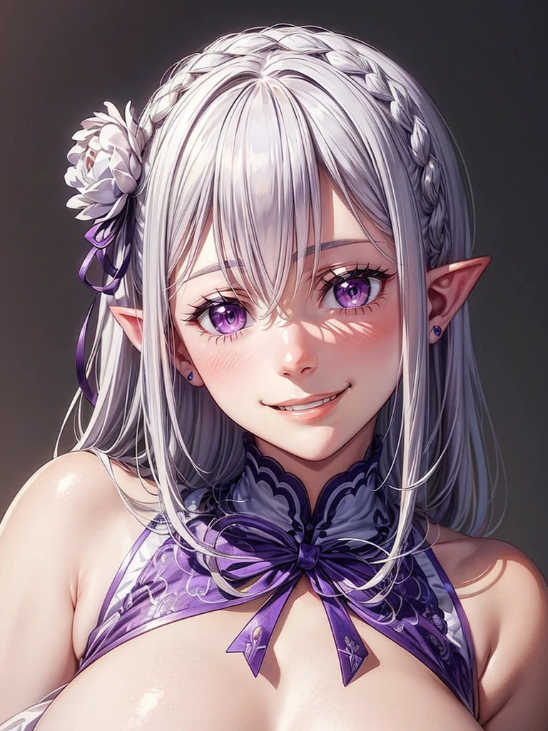 detailed face, (purple eyes), long eyelashes, realistic skin,pointy ears,(shy smile:1.5)