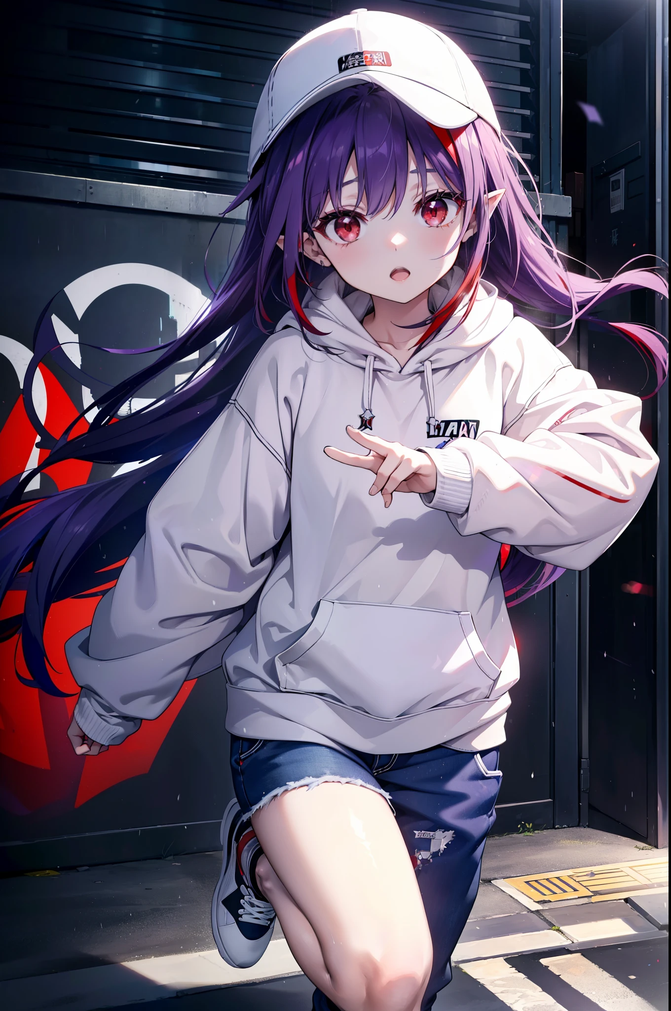 yuukikonno, Konno Yuuki, Long Hair, Pointed Ears, Purple Hair, (Red eyes:1.5), (Small breasts:1.2), Open your mouth,Baseball hats,Oversized purple hoodie,jeans,Thick hem,sneakers,Walking,Graffiti wall,Daytime,Clear skies,Both hands are in the pockets of the hoodie、whole bodyがイラストに入るように,
break looking at viewer, whole body,
break outdoors, Alley,
break (masterpiece:1.2), Highest quality, High resolution, unity 8k wallpaper, (figure:0.8), (Beautiful attention to detail:1.6), Highly detailed face, Perfect lighting, Highly detailed CG, (Perfect hands, Perfect Anatomy),
