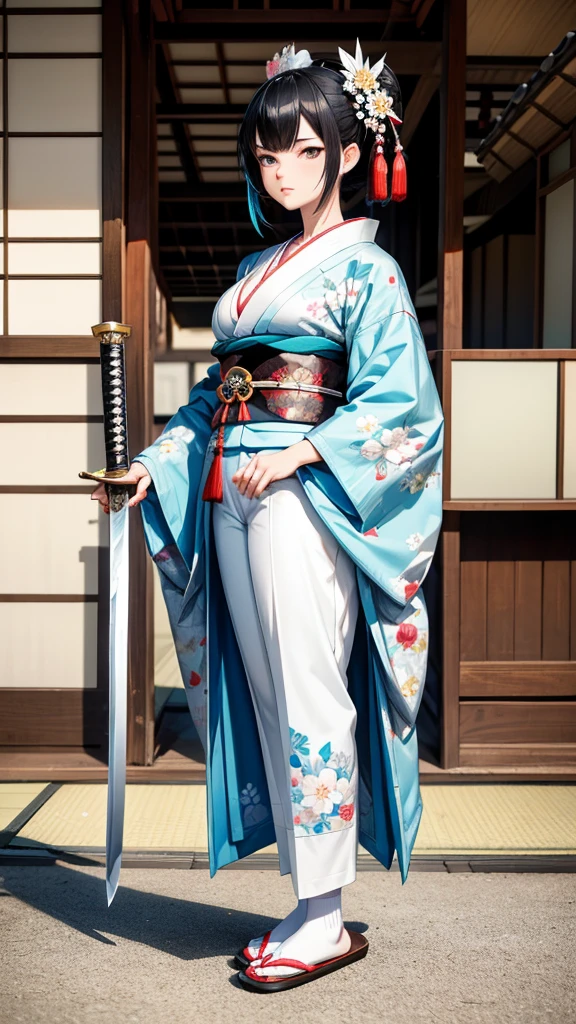 Black hair geisha hairstyle adult women，Cyan and white floral pattern kimono，cleavage，White socks，slippers，Japanese samurai sword，Standing，Japanese shogunate era streets