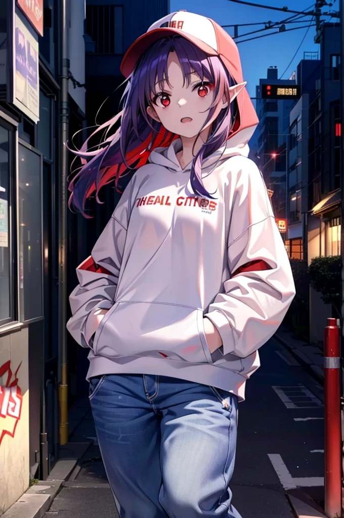 yuukikonno, Konno Yuuki, Long Hair, Pointed Ears, Purple Hair, (Red eyes:1.5), (Small breasts:1.2), Open your mouth,Baseball hats,Oversized purple hoodie,jeans,Thick hem,sneakers,Walking,Graffiti wall,Daytime,Clear skies,Both hands are in the pockets of the hoodie、whole bodyがイラストに入るように,
break looking at viewer, whole body,
break outdoors, Alley,
break (masterpiece:1.2), Highest quality, High resolution, unity 8k wallpaper, (figure:0.8), (Beautiful attention to detail:1.6), Highly detailed face, Perfect lighting, Highly detailed CG, (Perfect hands, Perfect Anatomy),