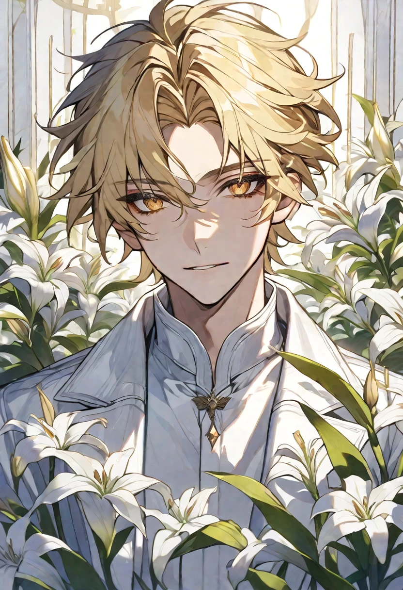 Solo, 1 male, blonde hair, golden eyes, white shirt, white coat, white flowers, lily