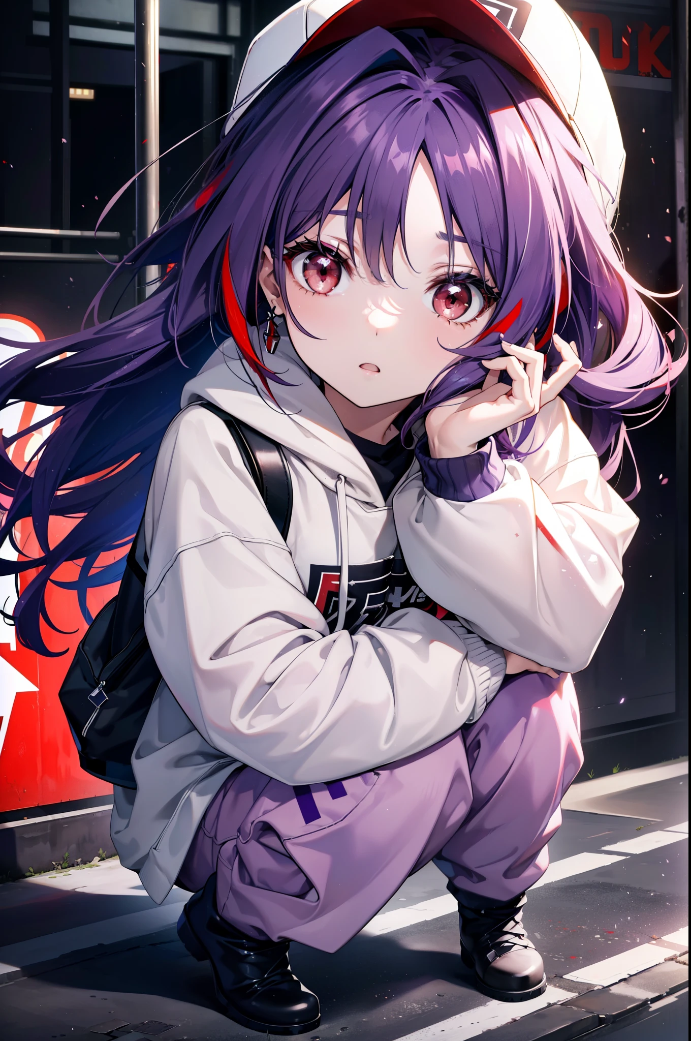 yuukikonno, Konno Yuuki, Long Hair, Pointed Ears, Purple Hair, (Red eyes:1.5), (Small breasts:1.2), Open your mouth,Baseball hats,Oversized purple hoodie,jeans,Thick hem,short boots,Walking,Graffiti wall,Daytime,Clear skies,Both hands are in the pockets of the hoodie、whole bodyがイラストに入るように,
break looking at viewer, whole body,
break outdoors, Alley,
break (masterpiece:1.2), Highest quality, High resolution, unity 8k wallpaper, (figure:0.8), (Beautiful attention to detail:1.6), Highly detailed face, Perfect lighting, Highly detailed CG, (Perfect hands, Perfect Anatomy),